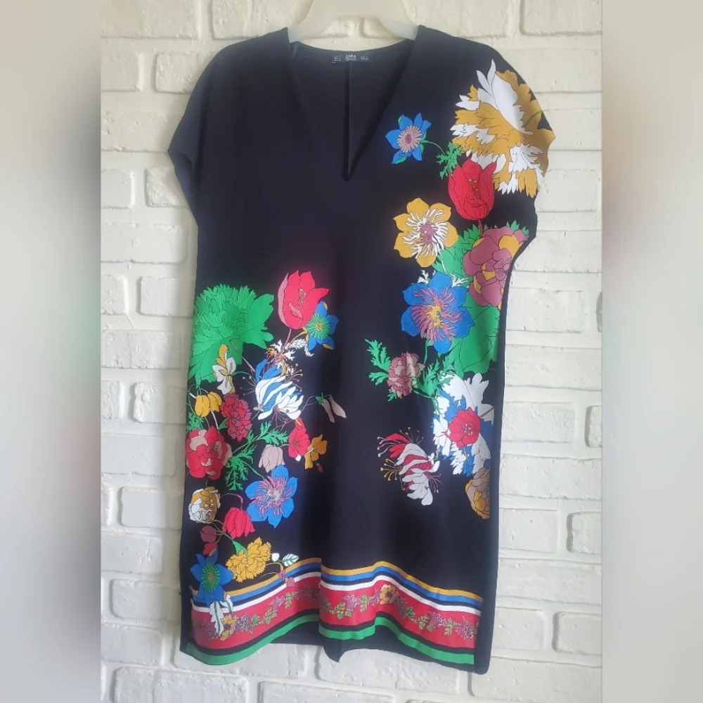 Zara Bold Floral Printed Tunic Dress Boho Cap Sleeves - Picture 14 of 14